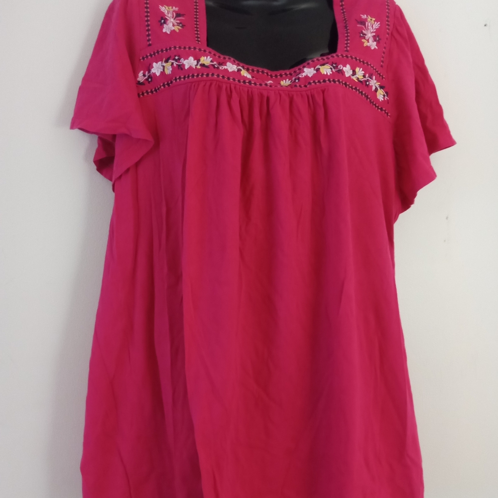 Woman Within Fuchsia Embroidered Short-Sleeve Tunic